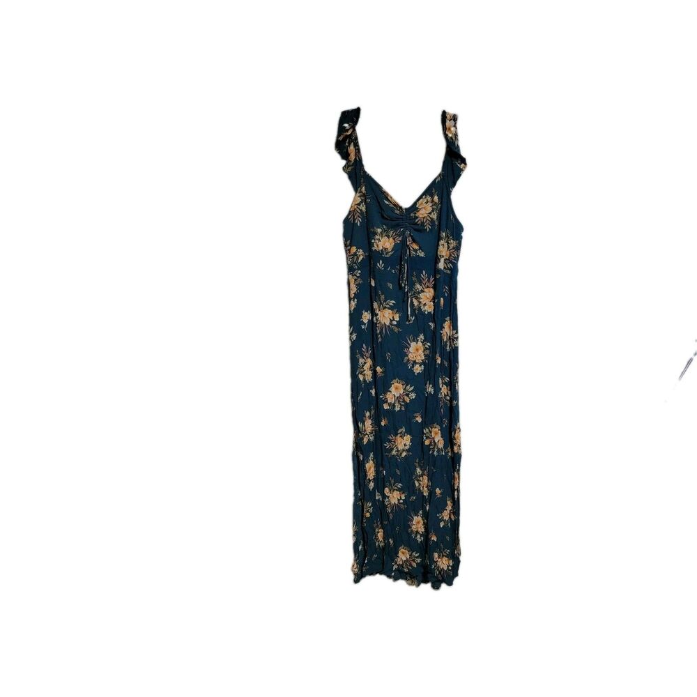 Xhilaration Women L Teal Floral Maxi Dress Ruffle Strap Smocked Boho Sundress
